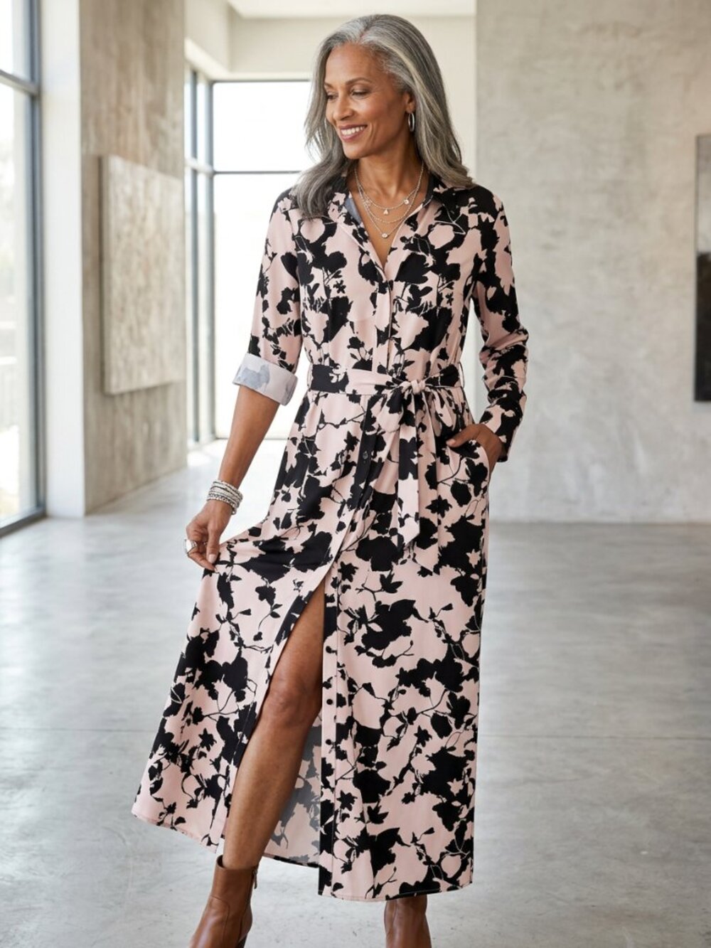 EUC Medium INC Pink and Black Long Sleeve Maxi Kaftan Shirt Dress